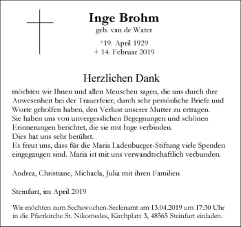 Anzeige von Inge Brohm von Westfälische Nachrichten