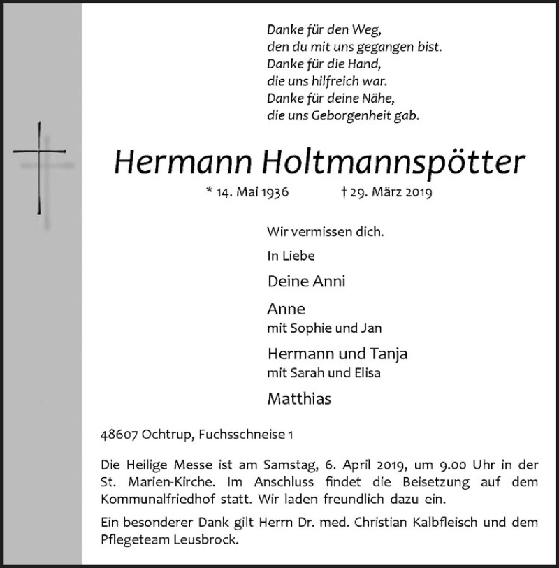  Traueranzeige für Hermann Holtmannspötter vom 01.04.2019 aus Westfälische Nachrichten