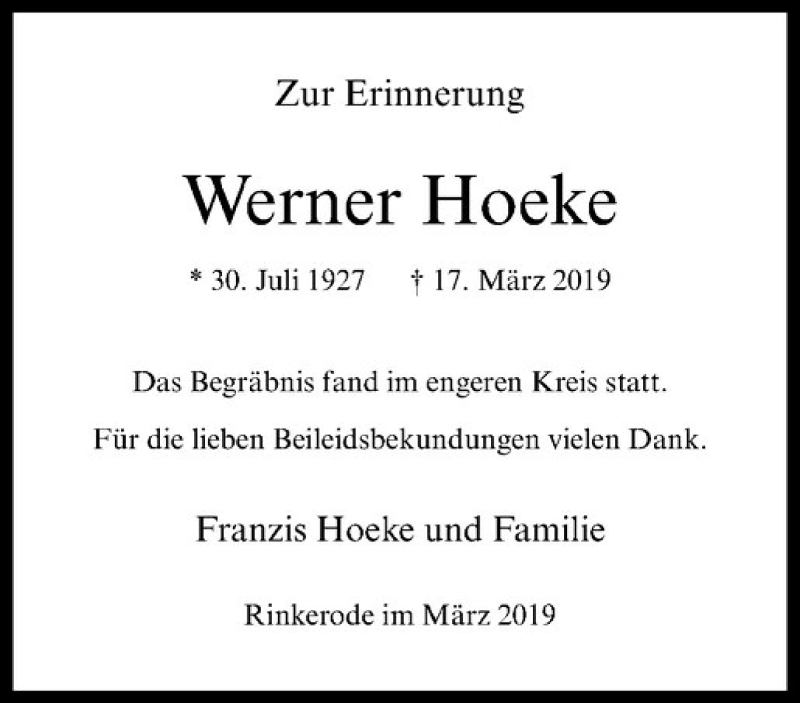 Traueranzeige für Werner Hoeke vom 17.04.2019 aus Westfälische Nachrichten