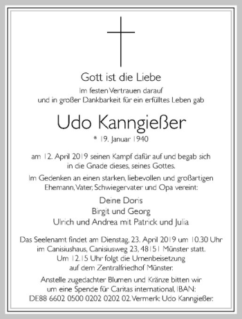 Anzeige von Udo Kanngießer von Westfälische Nachrichten