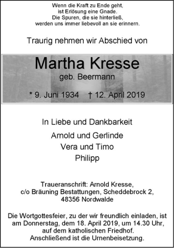 Anzeige von Martha Kresse von Westfälische Nachrichten