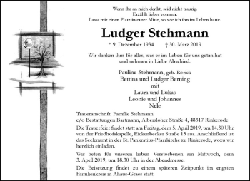 Anzeige von Ludger Stehmann von Westfälische Nachrichten