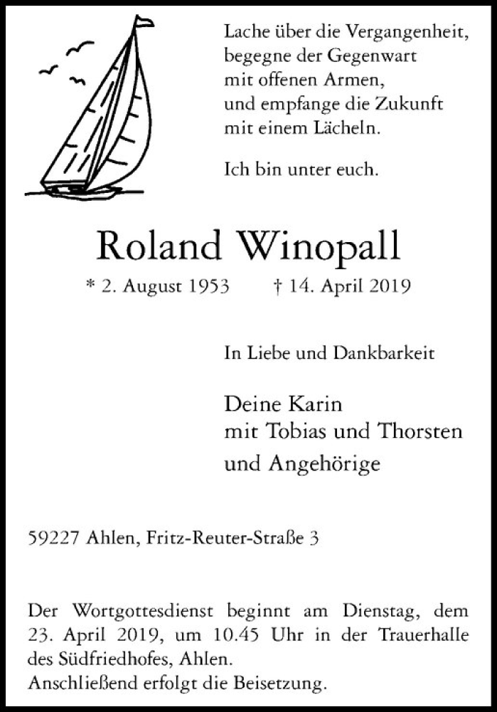  Traueranzeige für Roland Winopall vom 19.04.2019 aus Westfälische Nachrichten