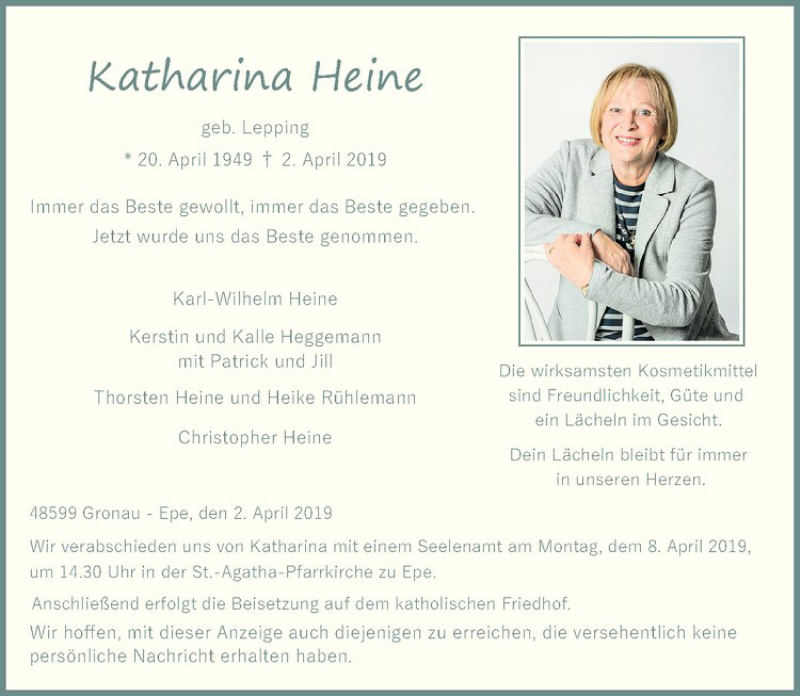  Traueranzeige für Katharina Heine vom 04.04.2019 aus Westfälische Nachrichten