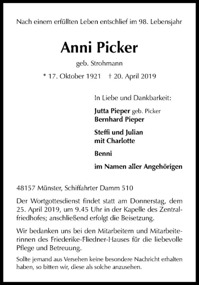  Traueranzeige für Anni Picker vom 24.04.2019 aus Westfälische Nachrichten