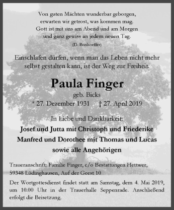 Anzeige von Paula Finger von Westfälische Nachrichten