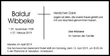 Anzeige von Baldur Wibbeke von Westfälische Nachrichten