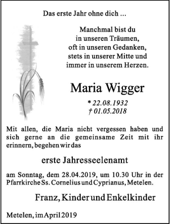 Anzeige von Maria Wigger von Westfälische Nachrichten