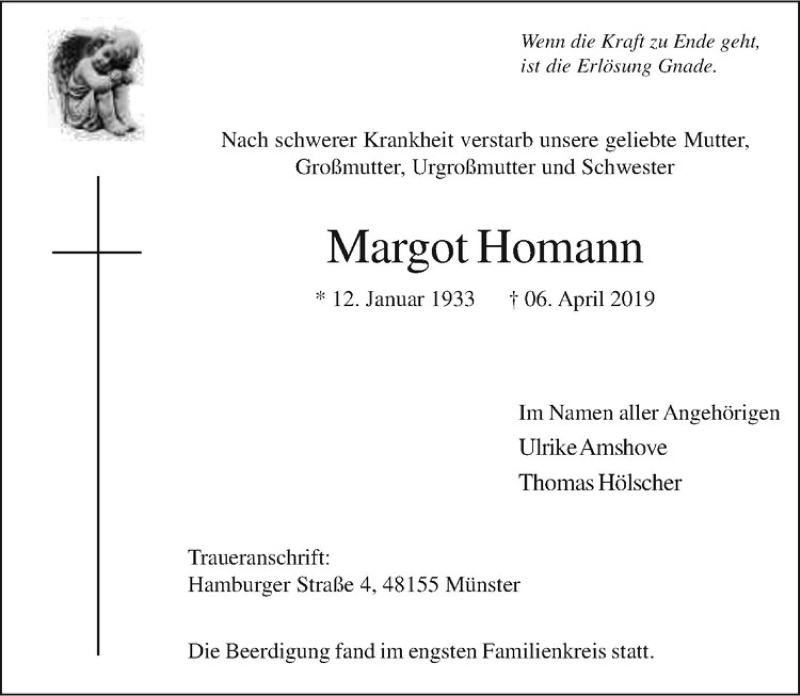  Traueranzeige für Margot Homann vom 27.04.2019 aus Westfälische Nachrichten