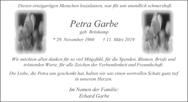  Traueranzeige für Petra Garbe vom 27.04.2019 aus Westfälische Nachrichten