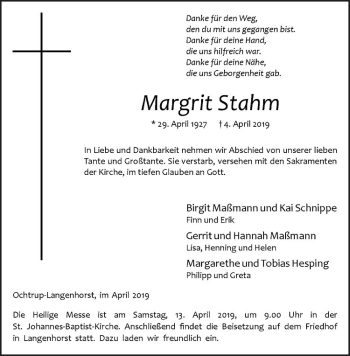 Anzeige von Margrit Stahm von Westfälische Nachrichten