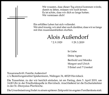 Anzeige von Alois Außendorf von Westfälische Nachrichten