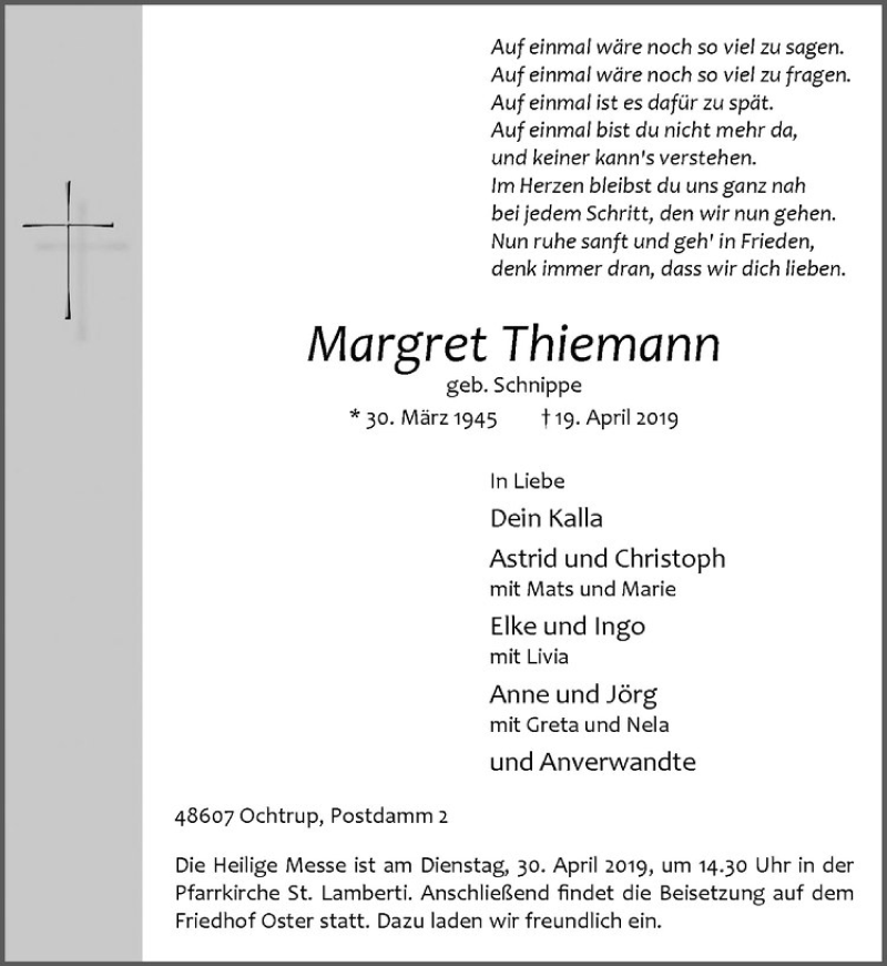  Traueranzeige für Margret Thiemann vom 25.04.2019 aus Westfälische Nachrichten