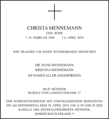 Anzeige von Christa Mennemann von Westfälische Nachrichten