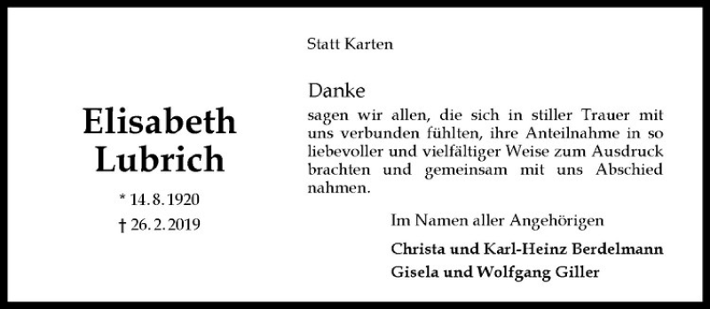  Traueranzeige für Elisabeth Lubrich vom 06.04.2019 aus Westfälische Nachrichten