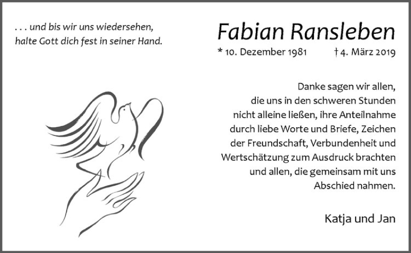 Traueranzeige für Fabian Ransleben vom 03.04.2019 aus Westfälische Nachrichten