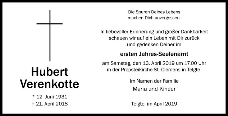  Traueranzeige für Hubert Verenkotte vom 06.04.2019 aus Westfälische Nachrichten