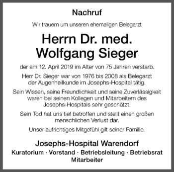 Anzeige von Wolfgang Sieger von Westfälische Nachrichten