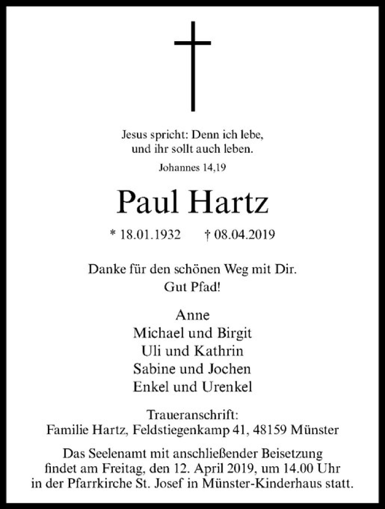  Traueranzeige für Paul Hartz vom 10.04.2019 aus Westfälische Nachrichten