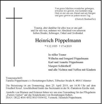 Anzeige von Heinrich Pöppelmann von Westfälische Nachrichten