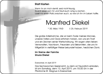 Anzeige von Manfred Diekel von Westfälische Nachrichten