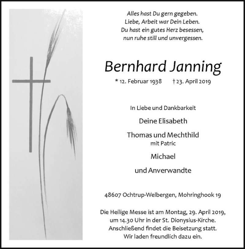  Traueranzeige für Bernhard Janning vom 25.04.2019 aus Westfälische Nachrichten