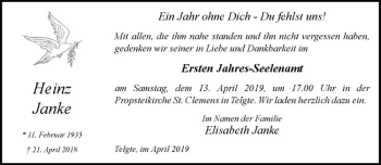 Anzeige von Heinz Janke von Westfälische Nachrichten
