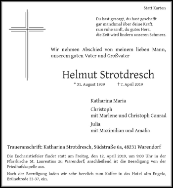 Anzeige von Helmut Strotdresch von Westfälische Nachrichten