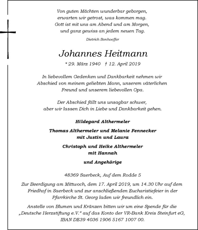  Traueranzeige für Johannes Heitmann vom 16.04.2019 aus Westfälische Nachrichten
