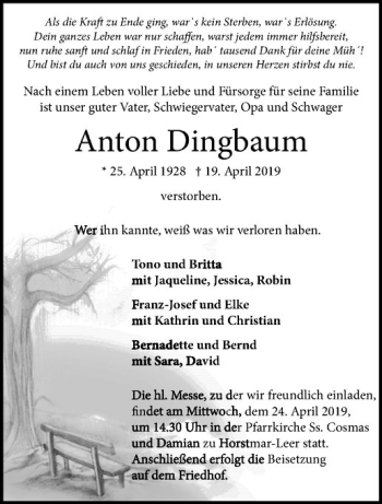 Anzeige von Anton Dingbaum von Westfälische Nachrichten