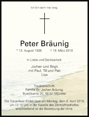 Anzeige von Peter Bräunig von Westfälische Nachrichten