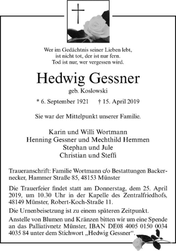Anzeige von Hedwig Gessner von Westfälische Nachrichten