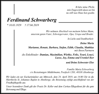 Anzeige von Ferdinand Schwarberg von Westfälische Nachrichten