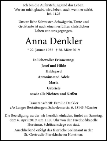 Anzeige von Anna Denkler von Westfälische Nachrichten