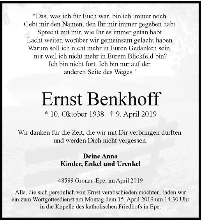  Traueranzeige für Ernst Benkhoff vom 13.04.2019 aus Westfälische Nachrichten