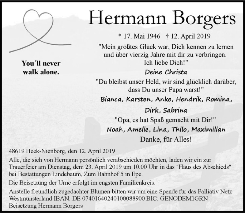  Traueranzeige für Hermann Borgers vom 16.04.2019 aus Westfälische Nachrichten
