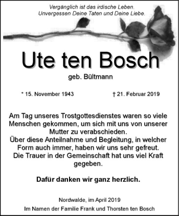Anzeige von Ute ten Bosch von Westfälische Nachrichten