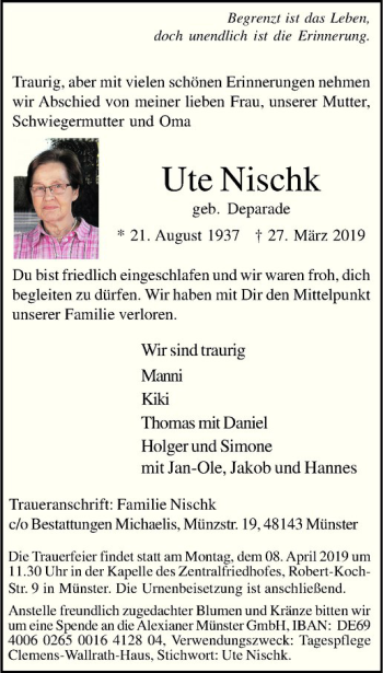 Anzeige von Ute Nischk von Westfälische Nachrichten