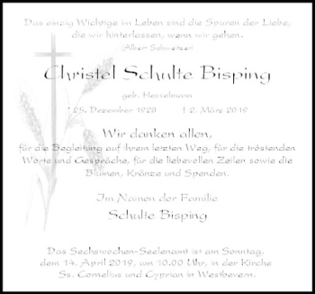 Anzeige von Christel Schulte Bisping von Westfälische Nachrichten