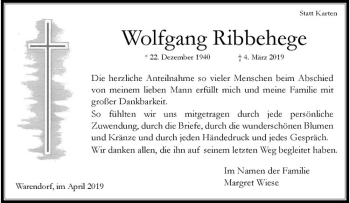 Anzeige von Wolfgang Ribbehege von Westfälische Nachrichten