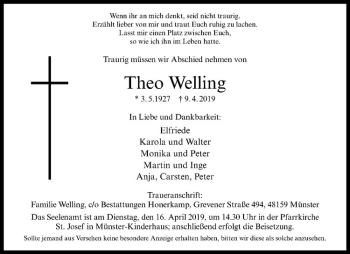 Anzeige von Theo Welling von Westfälische Nachrichten
