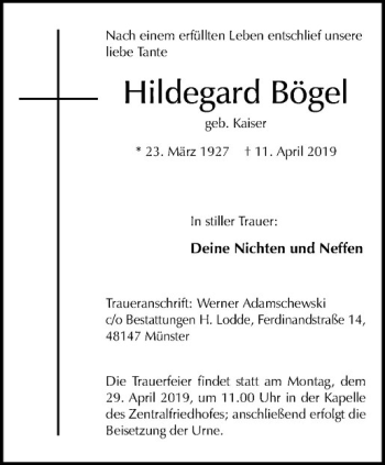 Anzeige von Hildegard Bögel von Westfälische Nachrichten