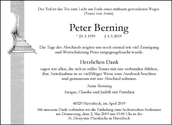 Anzeige von Peter Berning von Westfälische Nachrichten
