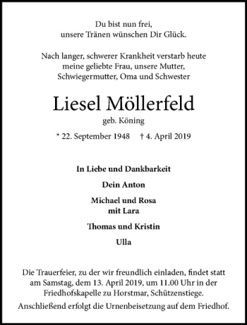 Anzeige von Liesel Möllerfeld von Westfälische Nachrichten