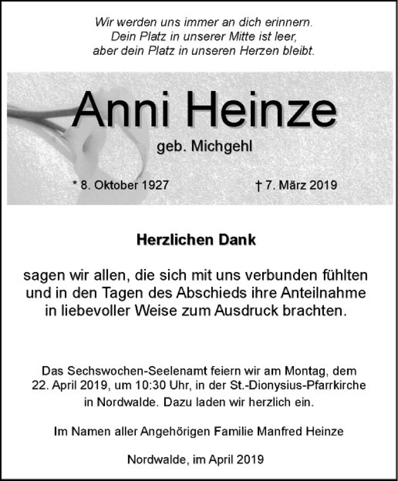  Traueranzeige für Anni Heinze vom 17.04.2019 aus Westfälische Nachrichten