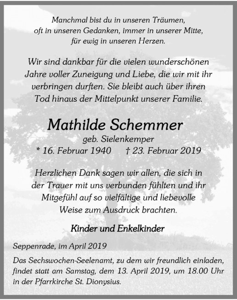  Traueranzeige für Mathilde Schemmer vom 06.04.2019 aus Westfälische Nachrichten