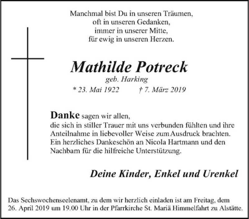  Traueranzeige für Mathilde Potreck vom 24.04.2019 aus Westfälische Nachrichten