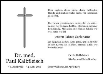 Anzeige von Paul Kalbfleisch von Westfälische Nachrichten