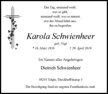 Anzeige von Karola Schwienheer von Westfälische Nachrichten