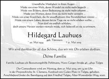 Anzeige von Hildegard Lauhues von Westfälische Nachrichten